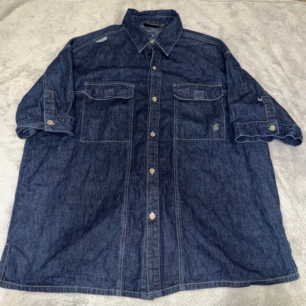 Rocawear Denim Snap Button Shirt Dark Wash Cargo Pockets Men's 2XL